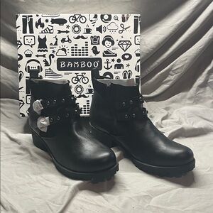 BAMBOO Black Ankle Boots with Studded Straps